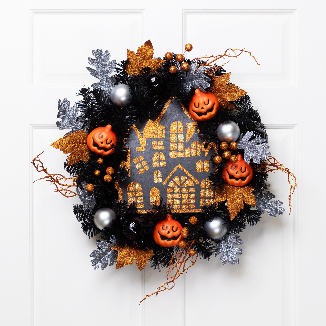 Glittered Haunted House Artificial Halloween Pine Wreath - Thumbnail 2
