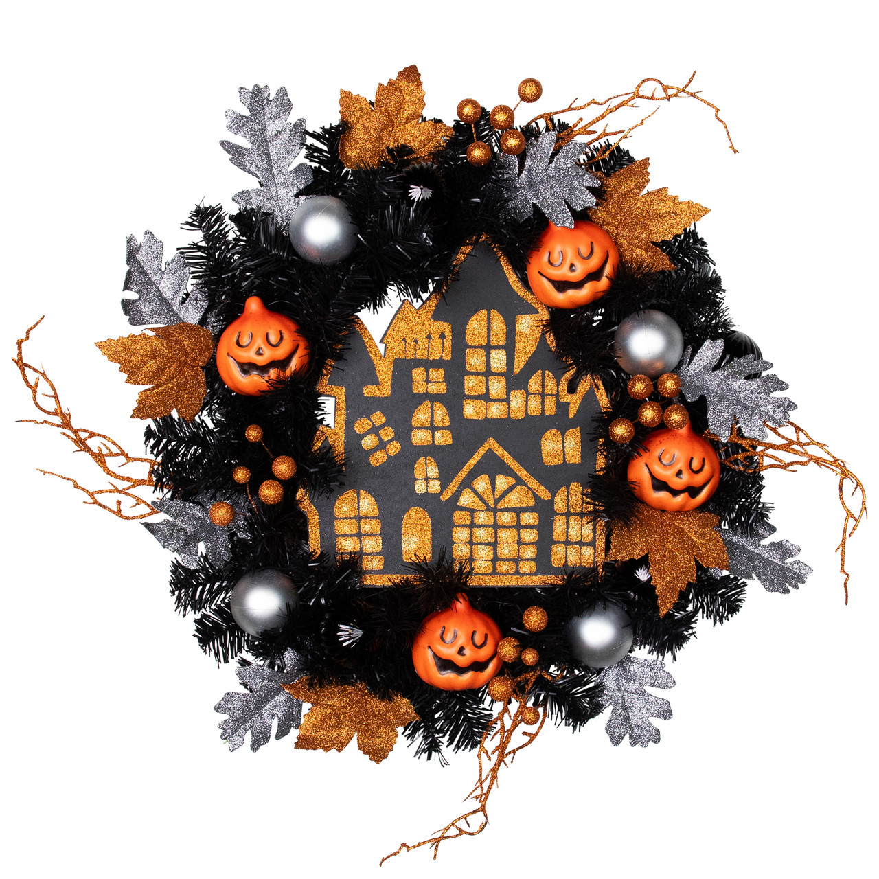 Glittered Haunted House Artificial Halloween Pine Wreath - Thumbnail 3