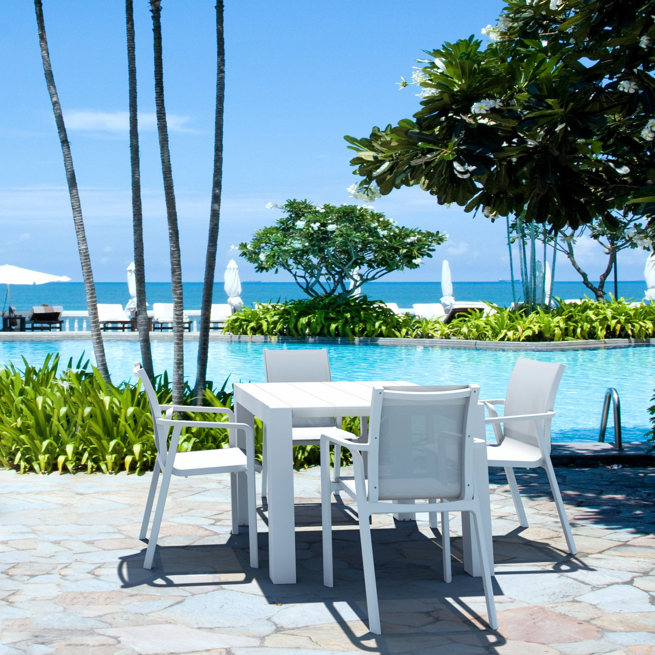 5Piece White Resin Patio Dining Set with Extension Table & Sling Arm