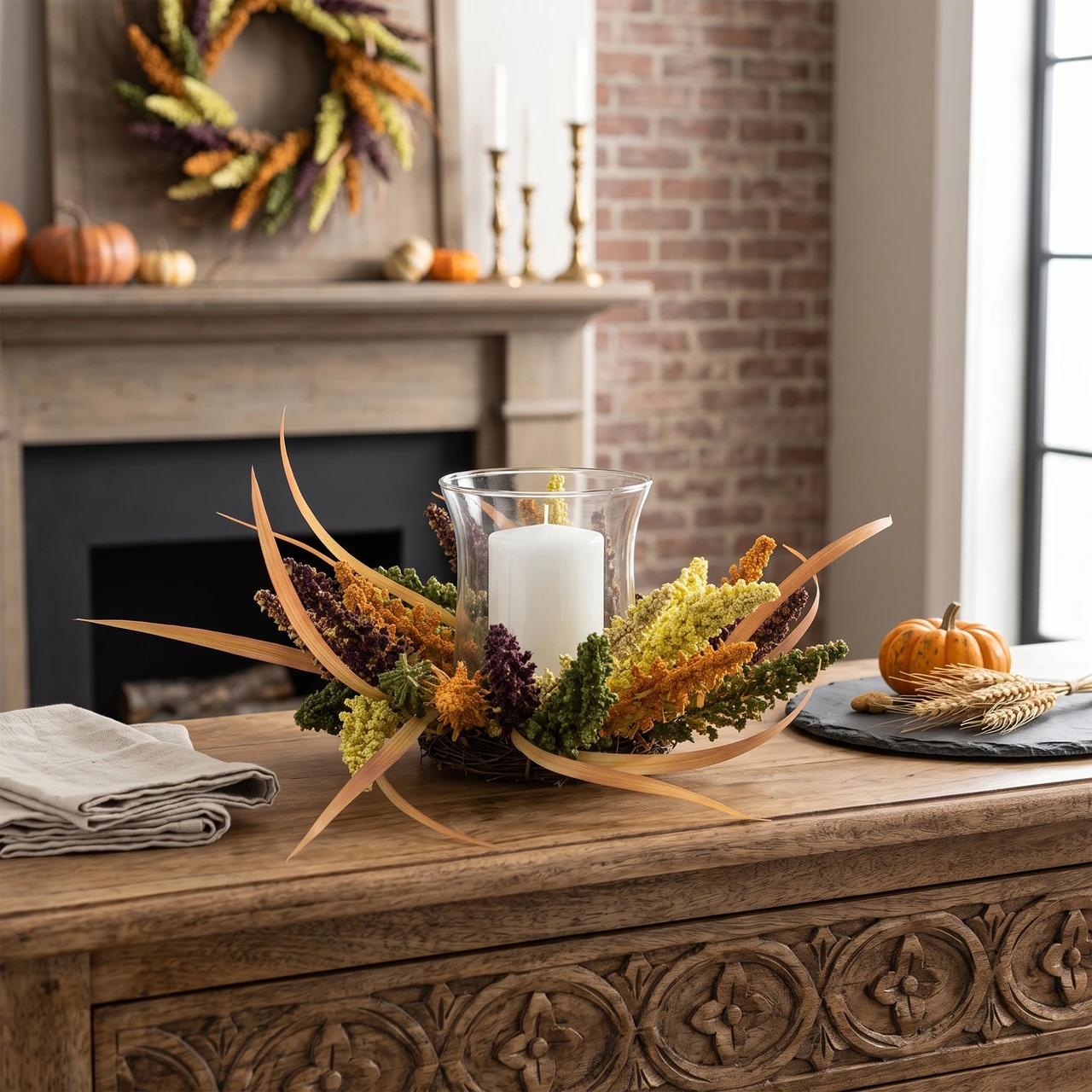 6-inch by 18-inch autumn harvest pillar candle holder table centerpiece