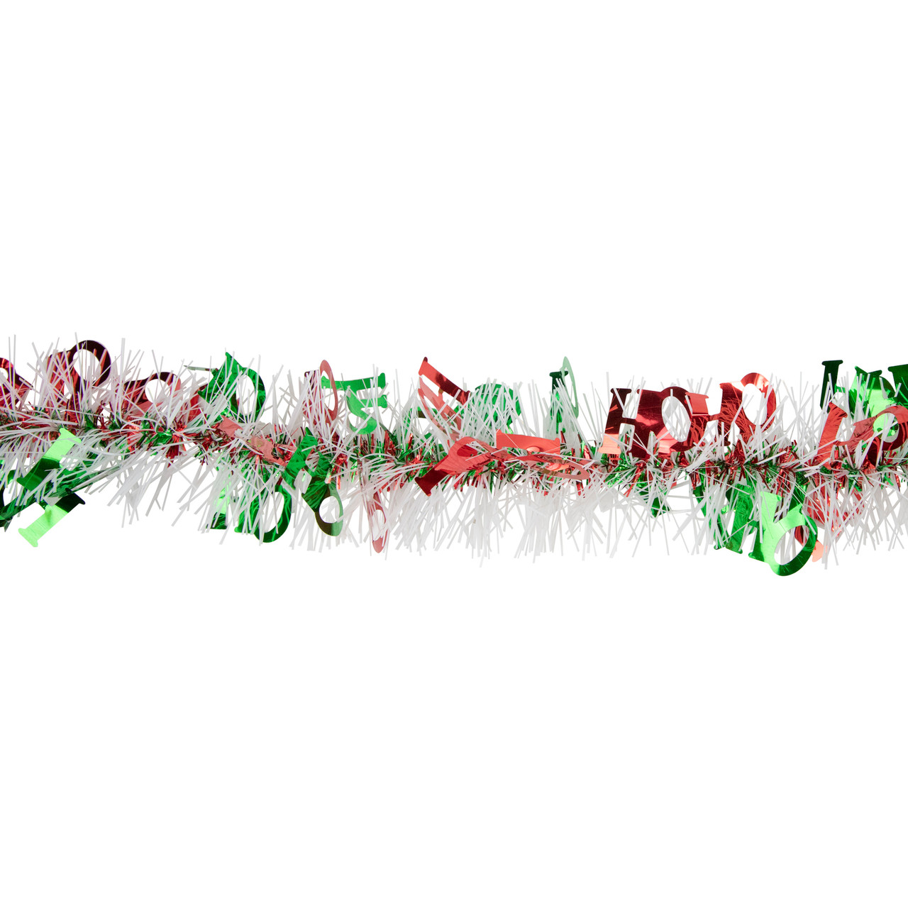 50&rsquo; x 2.5" White, Red & Green Christmas HO HO HO Wrapped Tinsel Garland