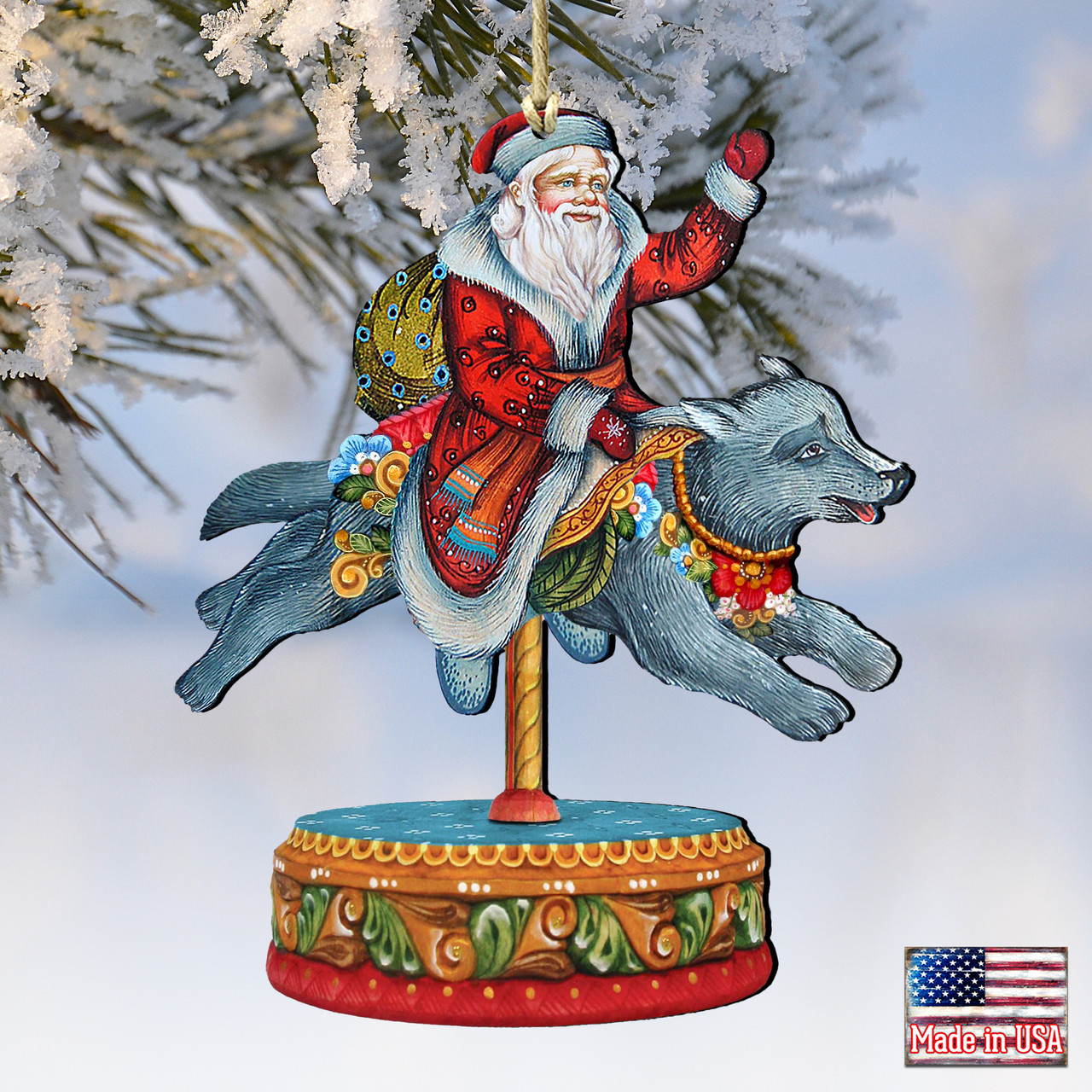 Set of 2 Santa Claus Riding a Wolf Carousel Wooden Christmas
