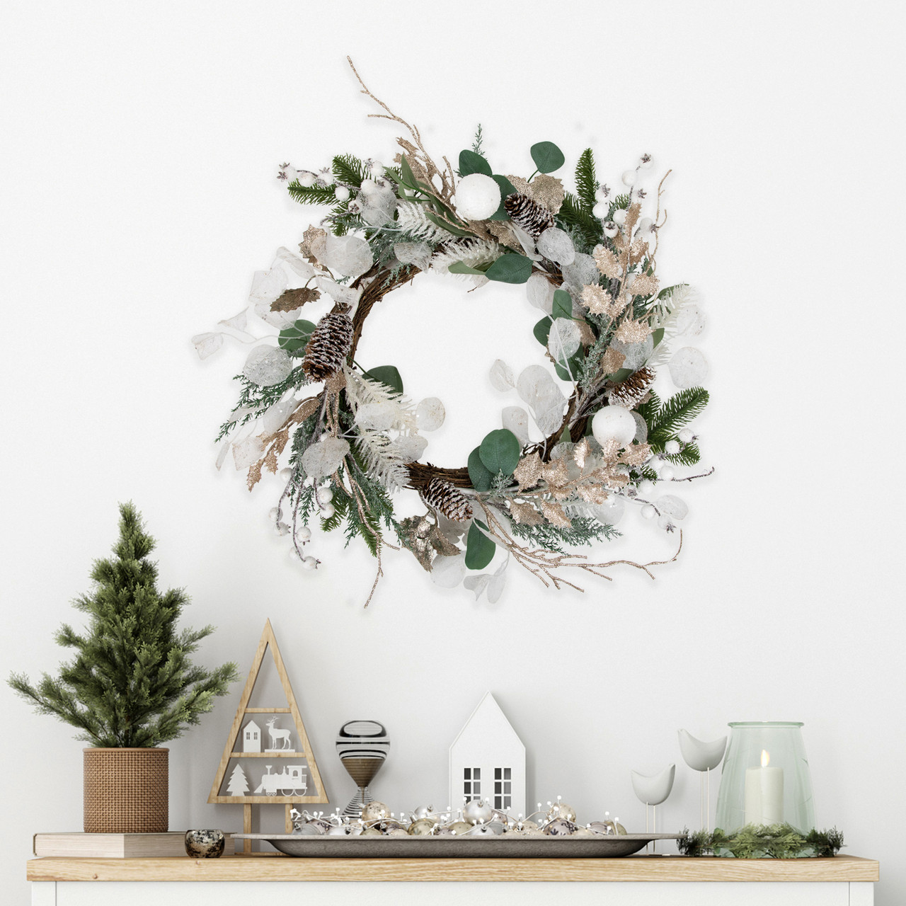 2022white × green christmas wreathe① Sage Green & White Artificial Christmas Wreath, 24-Inch, Unlit