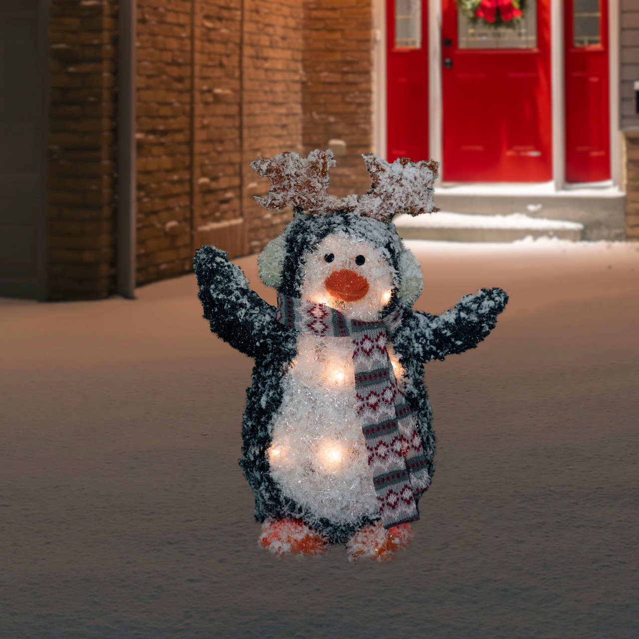 22" Lighted Snowy Penguin in Antler Hat Outdoor Christmas Decoration