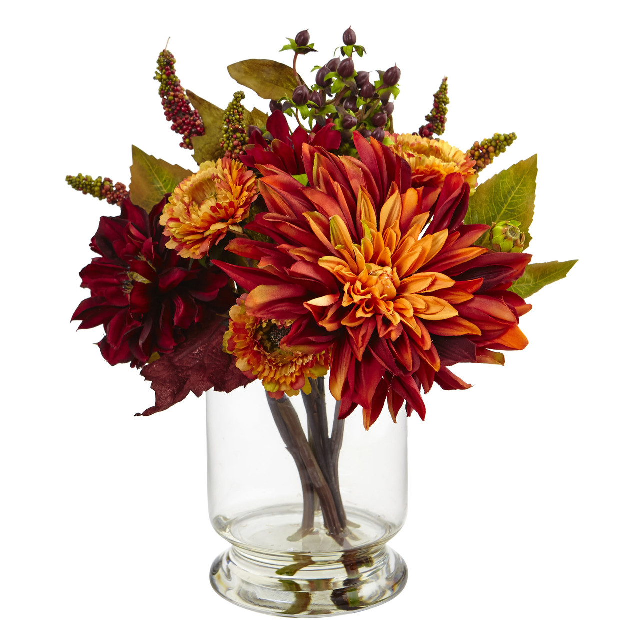 Artificial Hydrangea, Rose and Dahlia Stems in Glass Pedestal Vase