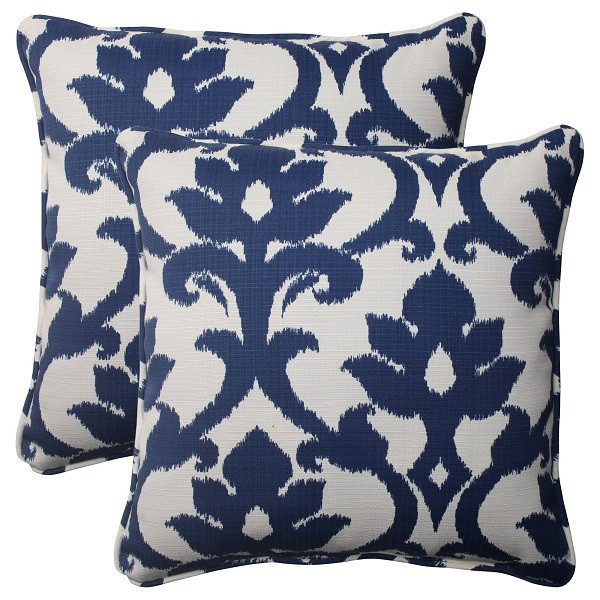Set of 2 Navy Floral Victorian Outdoor Patio Corded Throw Pillows 18.5