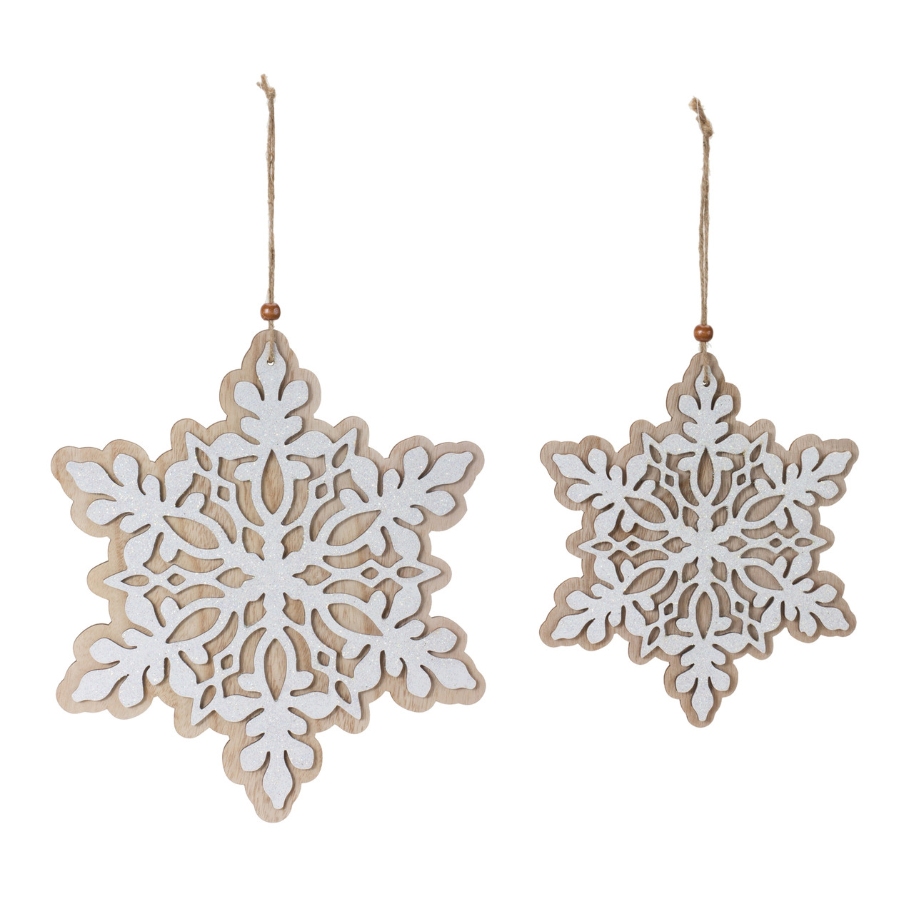 Set of 24 White & Brown Wooden Snowflake Christmas Ornaments 10.25