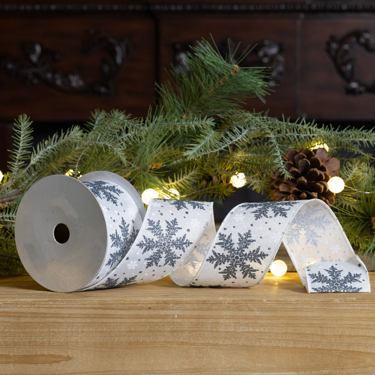 Blue & White Snowflakes Christmas Wired Craft Ribbon 2.5 x 16 Yards