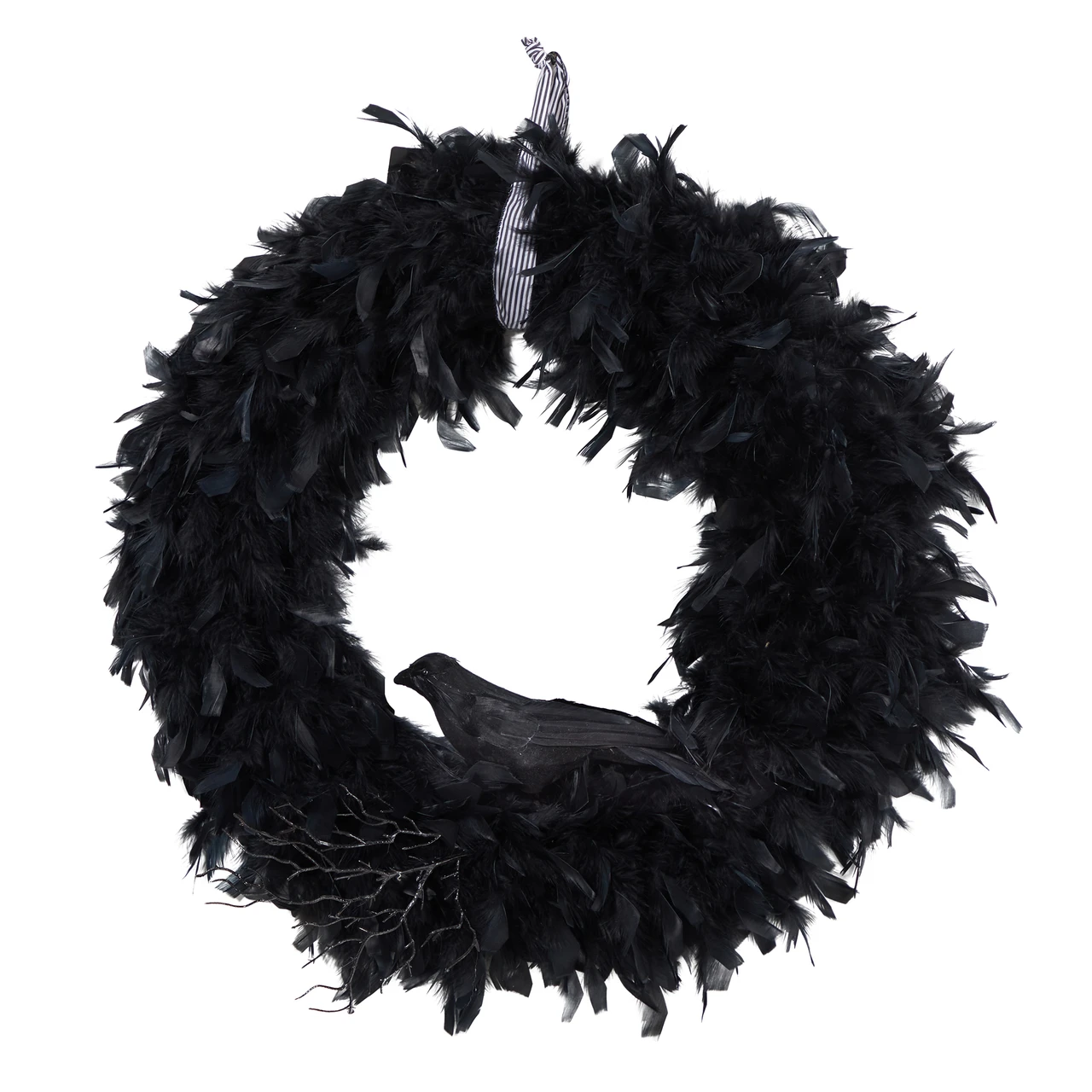 30-inch black feather wreath with black raven