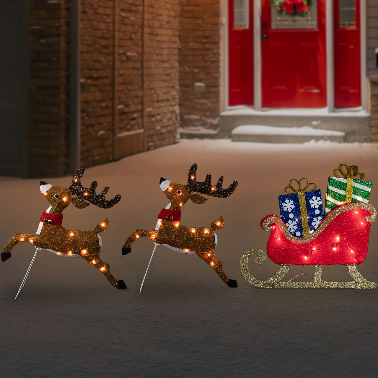 Set of 3 Lighted Reindeer & Sleigh Outdoor Christmas Decoration 25.25 ...