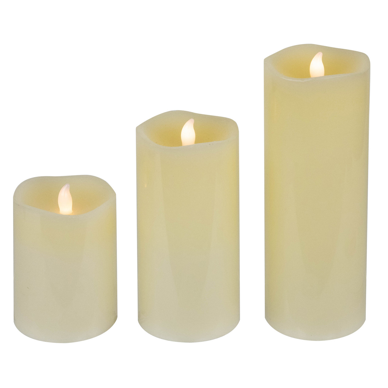 Set of 3 Solid Cream LED Flickering Flameless Wax Pillar Candles 8