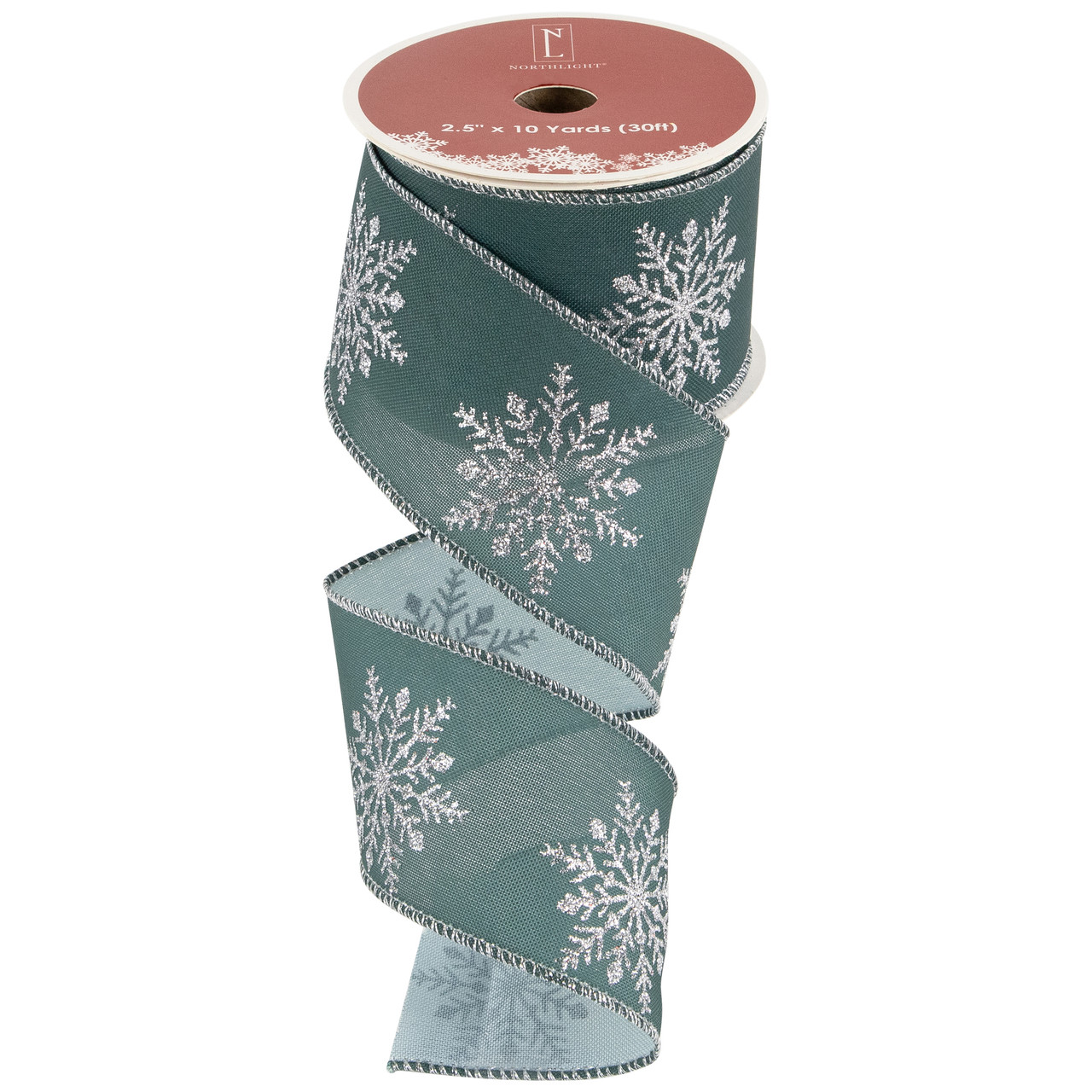 Green with Glitter Snowflakes Wired Craft Christmas Ribbon 2.5