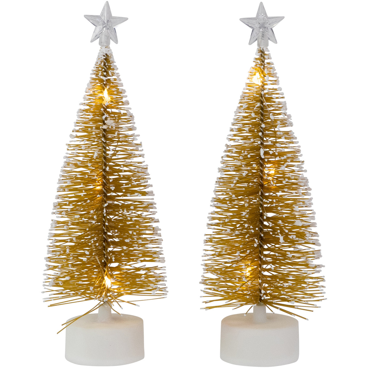 Set of 2 LED Pre-Lit Gold Mini Bottle Brush Pine Christmas Village Trees