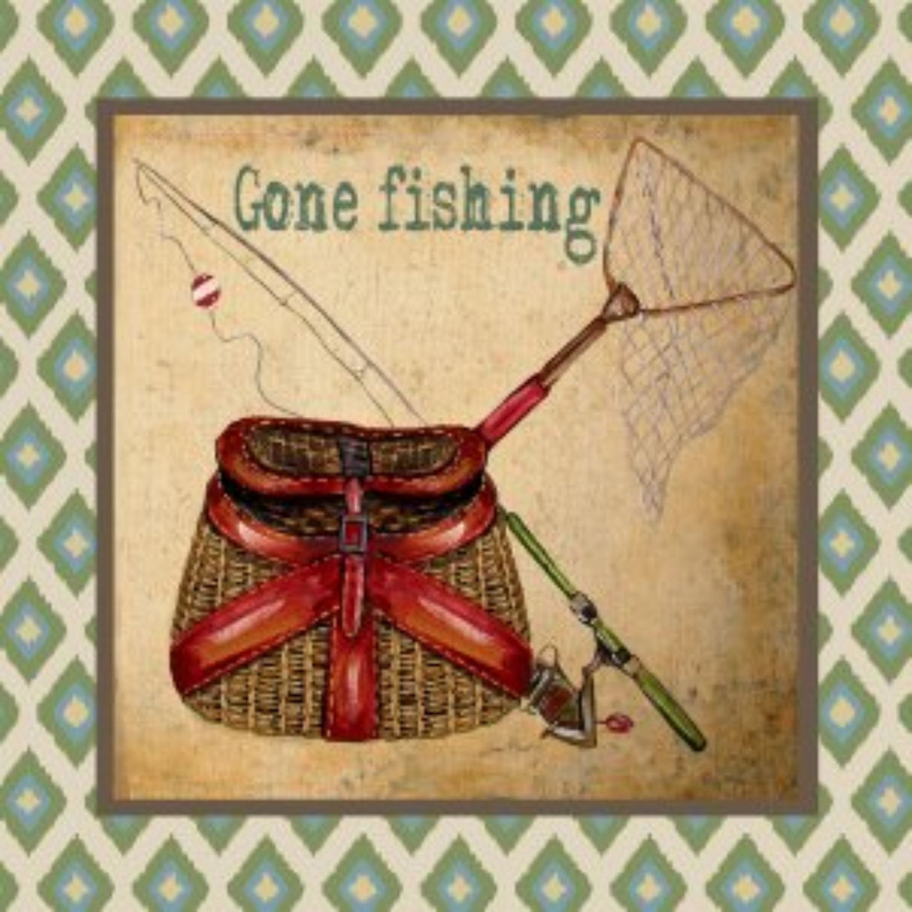 Brown & Red Gone Fishing Outdoor Canvas Square Wall Art Decor 24 x 24