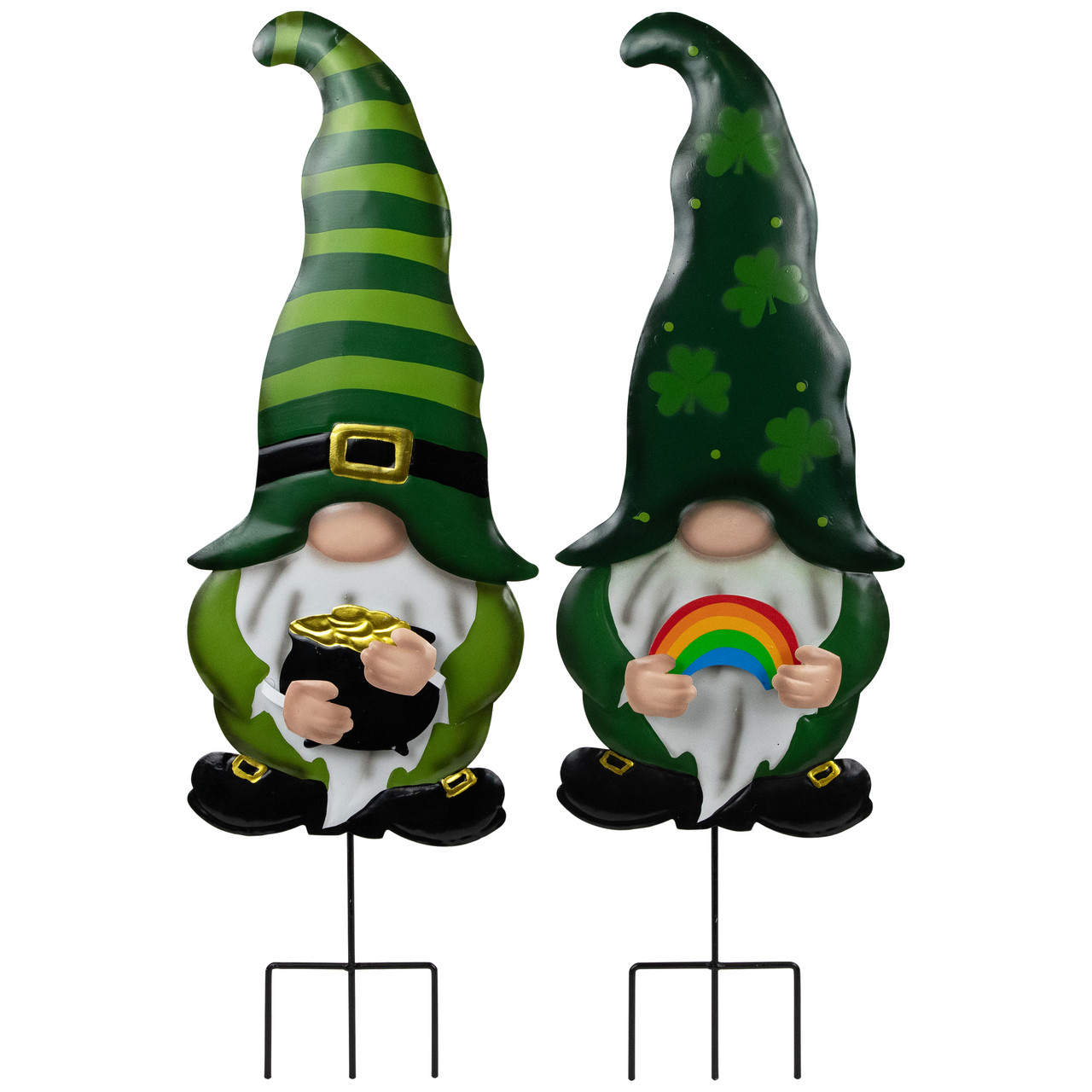 Pot of Gold & Rainbow St Patrick's Day Gnomes Outdoor Garden Stakes - 27.5"  - Set of 2 | Christmas Central