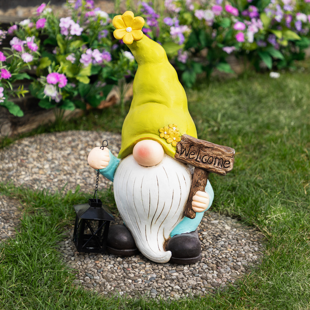 ガーデンピック Welcome Garden Gnome Welcome Gnome with Lantern Outdoor Garden Statue - 17.75