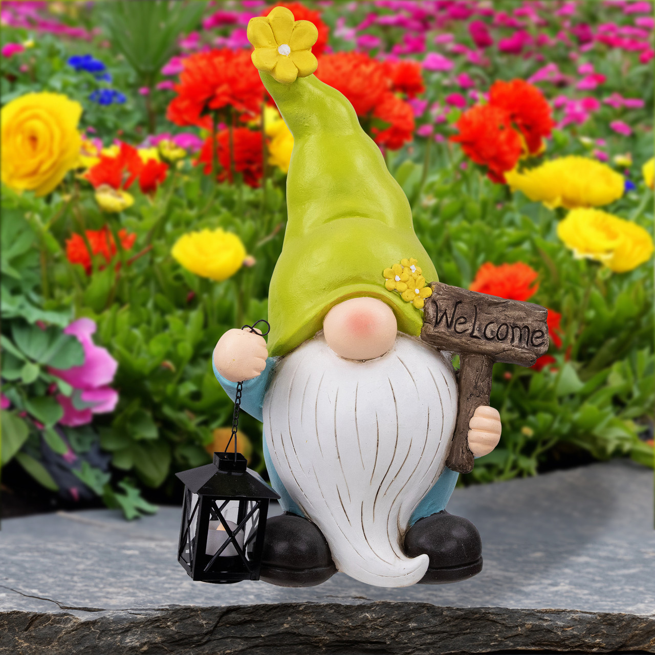 Welcome Gnome with Lantern Outdoor Garden Statue - 17.75