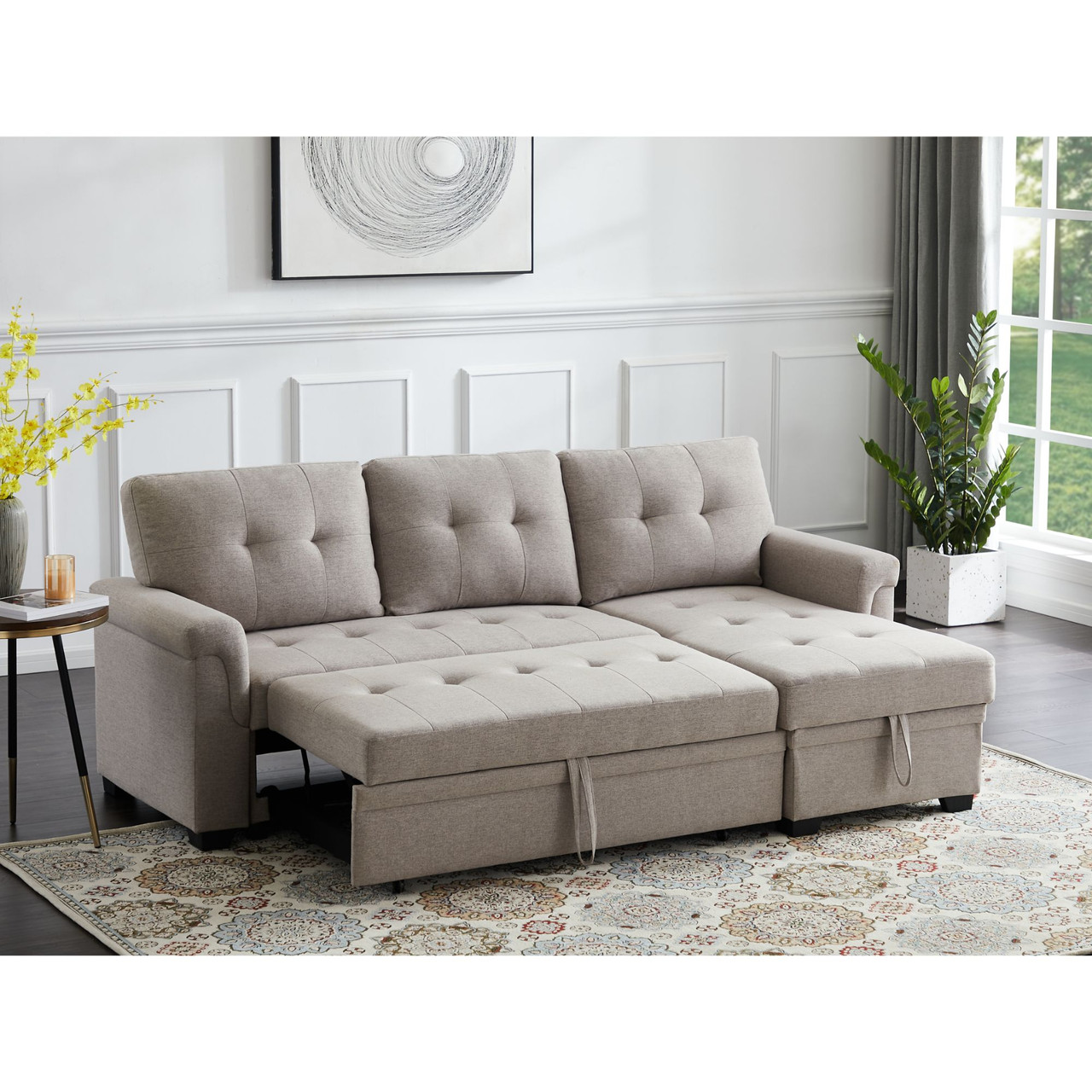 86" Lucca Light Gray Linen Reversible Sleeper Sectional Sofa with