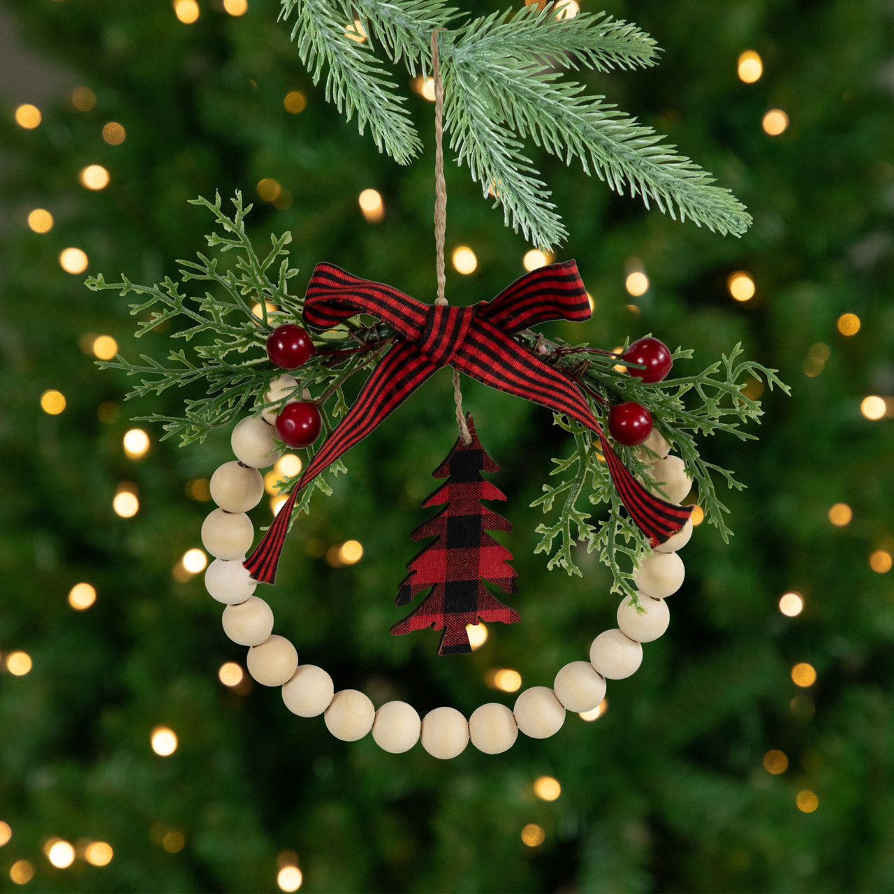 Buffalo Plaid Tree Bow Wooden Beaded Christmas Wreath Ornament