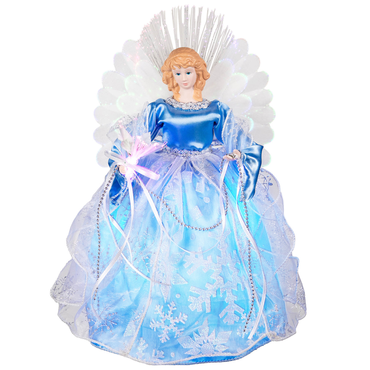purple dressed black angel christmas light Northlight Color Changing Fiber Optic Tree Topper - 12 inch this angel is dressed in a stunning brown gown adorned with gold trim and glittering snowflakes LED Lighted Acrylic Angel Christmas