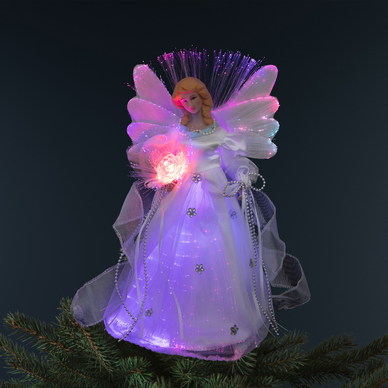 Color-changing Fiber Optic Angel with Rose Christmas Tree Topper - 12 ...