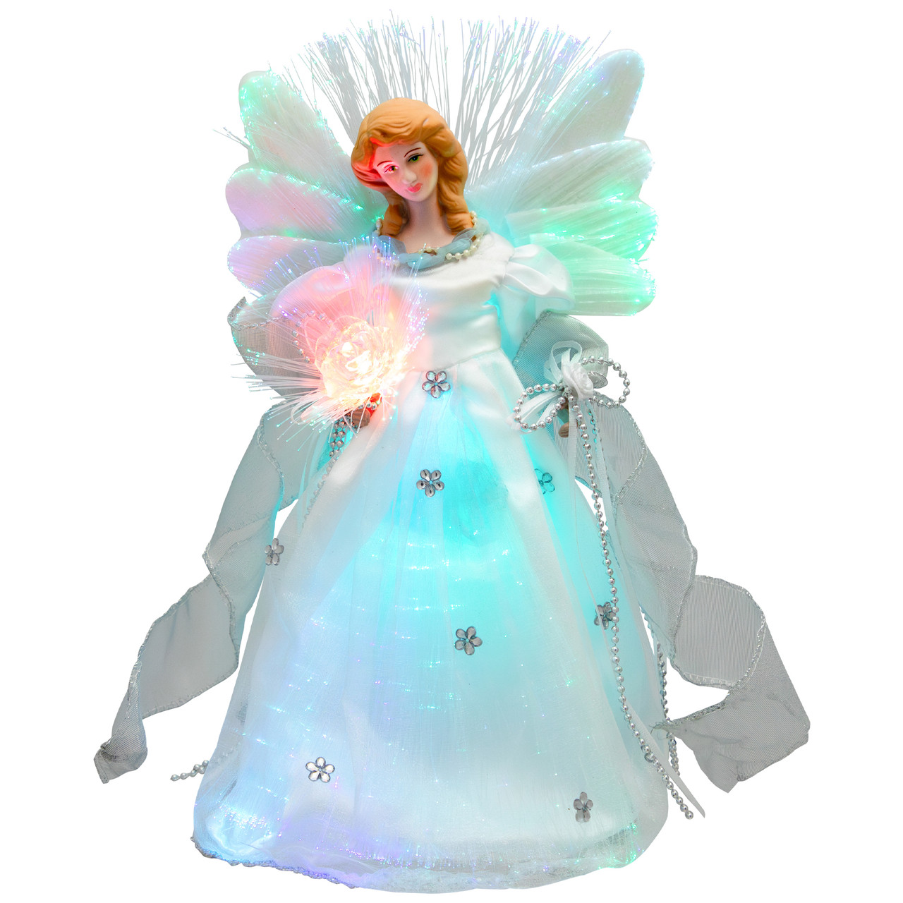 Color-changing Fiber Optic Angel with Rose Christmas Tree Topper