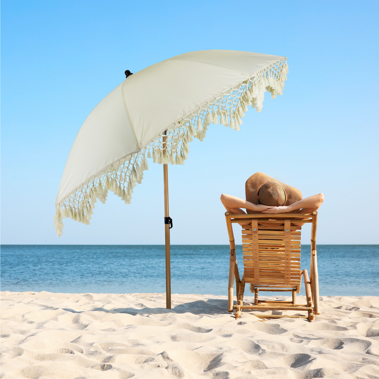 beach style patio umbrella Outdoor Macrame Boho Beach Market Umbrella with Tilt - 6.5'