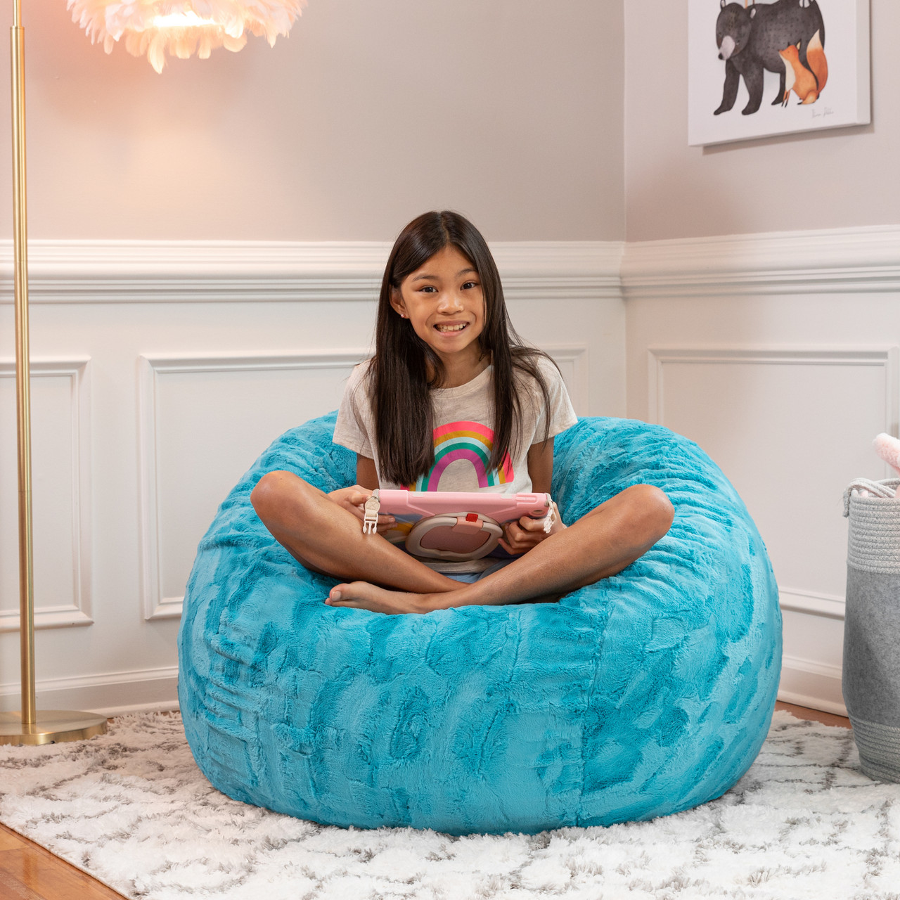 Kids Round Faux Fur Bean Bag Chair 3' Turquoise Blue