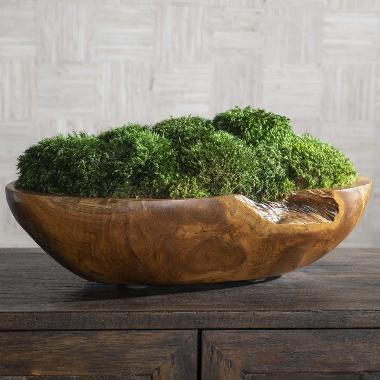 Artificial Moss in Teak Wood Bowl Centerpiece - Thumbnail 2