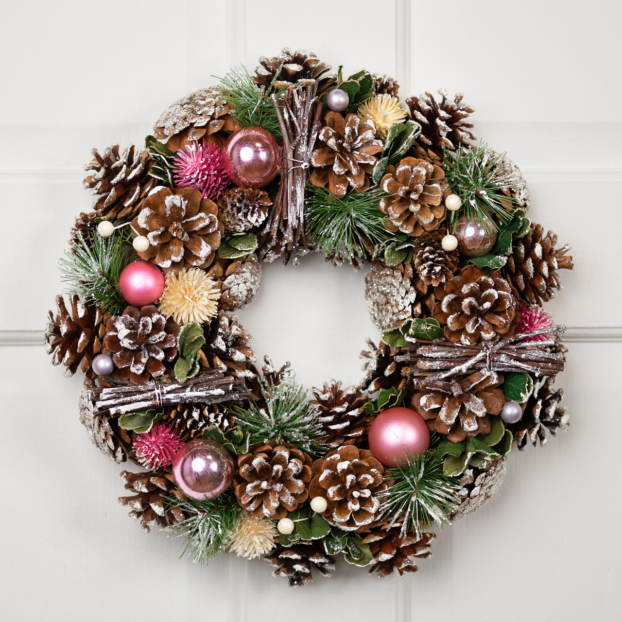 13.5-inch Pinecone, Twig and Thistle Frosted Artificial Unlit wreath