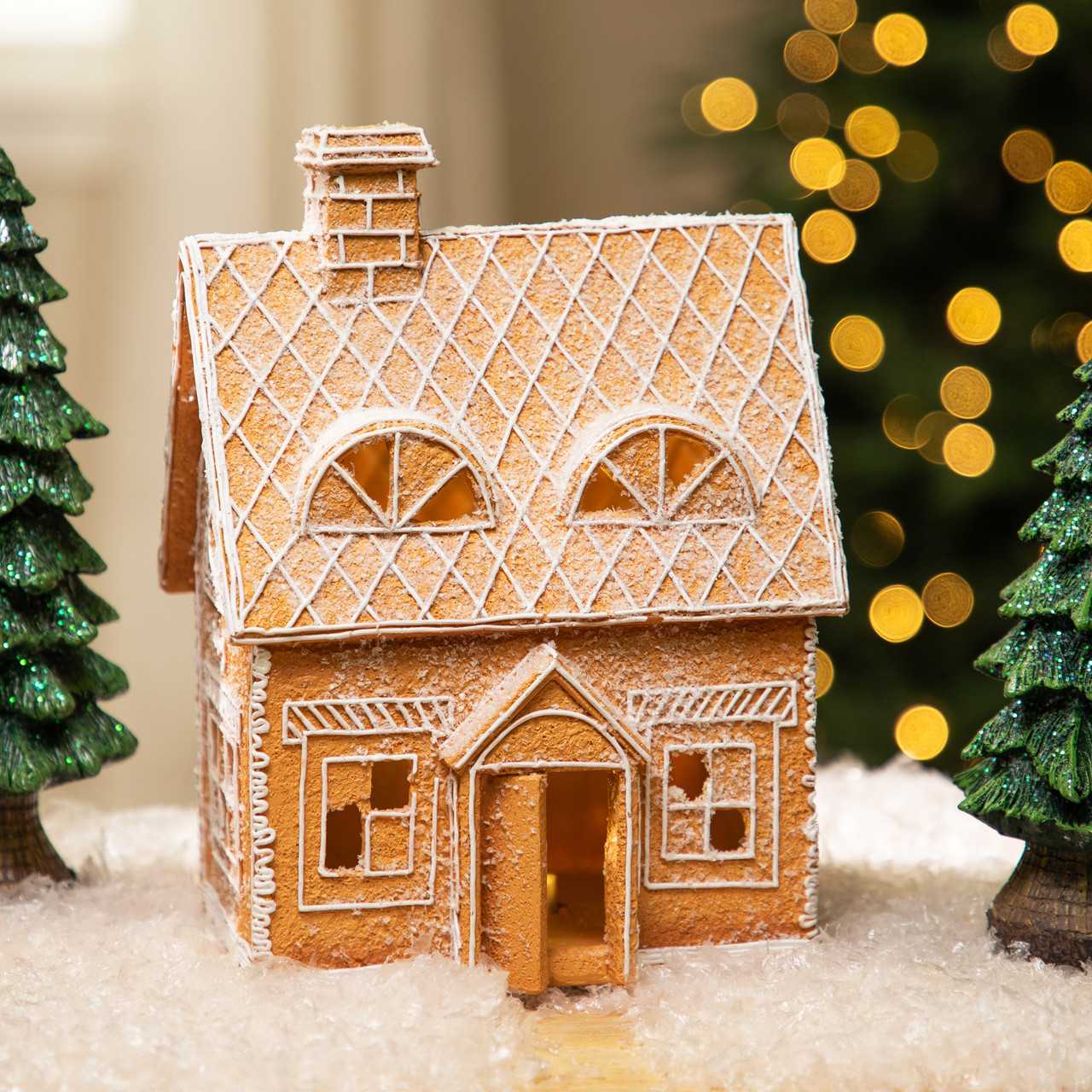 Lighted Snowy Chimney Open Door Gingerbread House Christmas