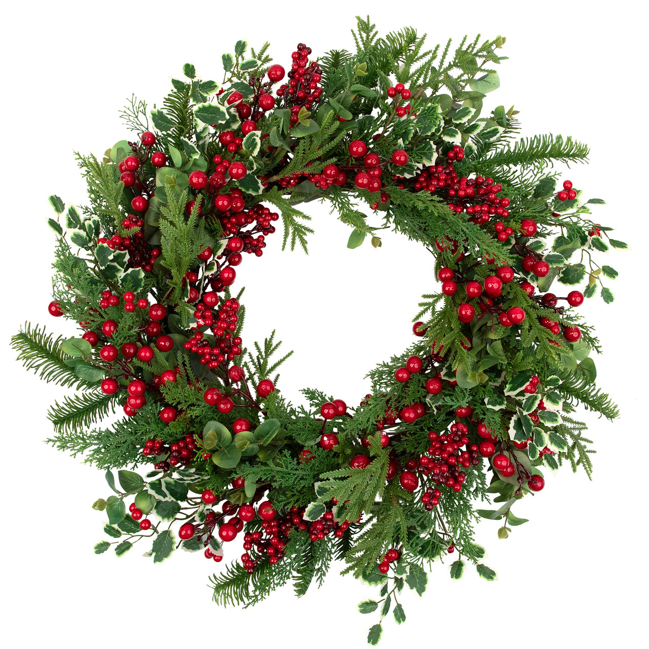 Mixed Pine and Cedar Christmas Wreath with Red Berries and Holly 30 Inch Unlit
