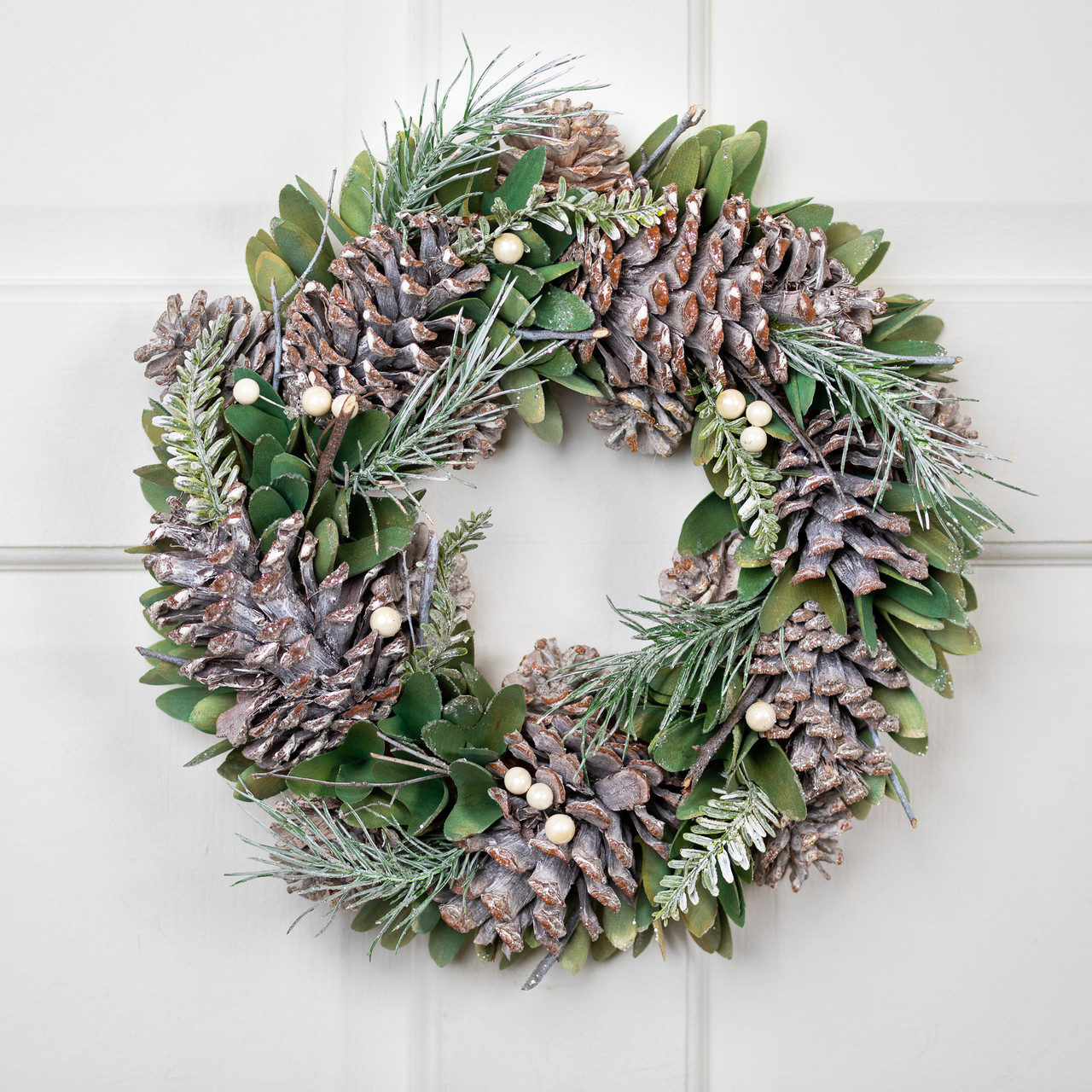 14-inch Frosted Pinecone and Wooden Petals Unlit Wreath