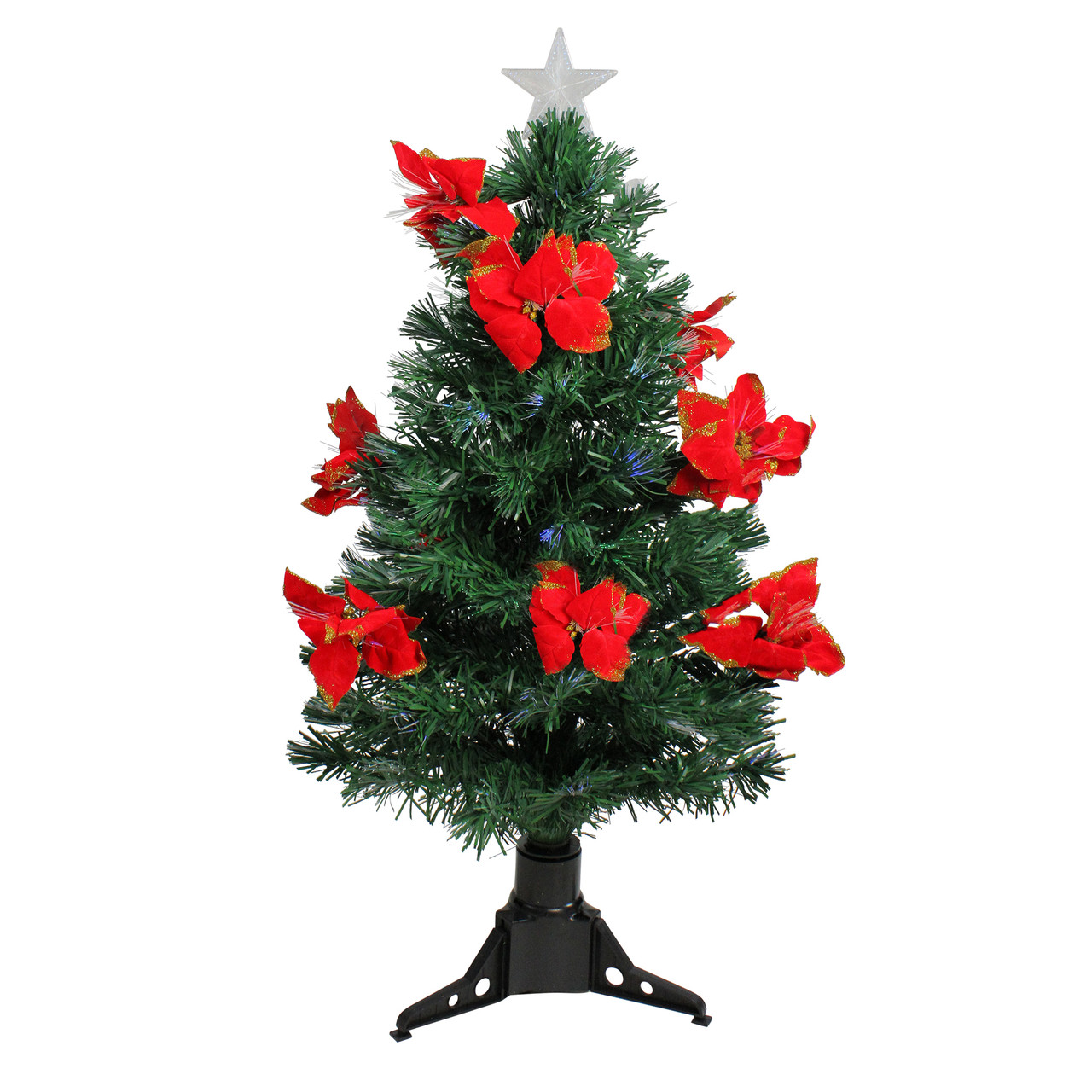 3' PreLit Fiber Optic Artificial Christmas Tree with Red Poinsettias