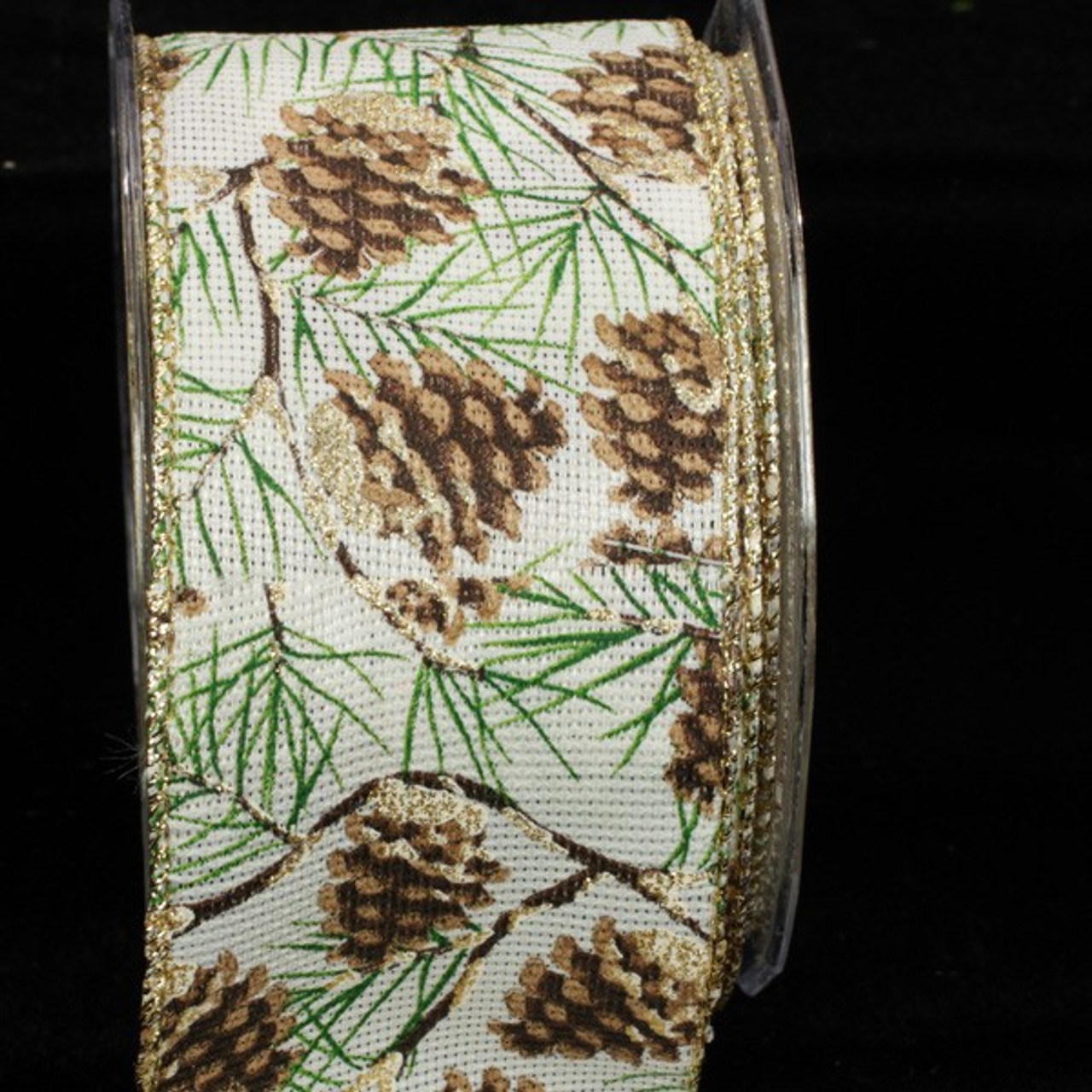 4 Inch By 5 YDS Natural Burlap Ribbon With Gold Holly Embroidery