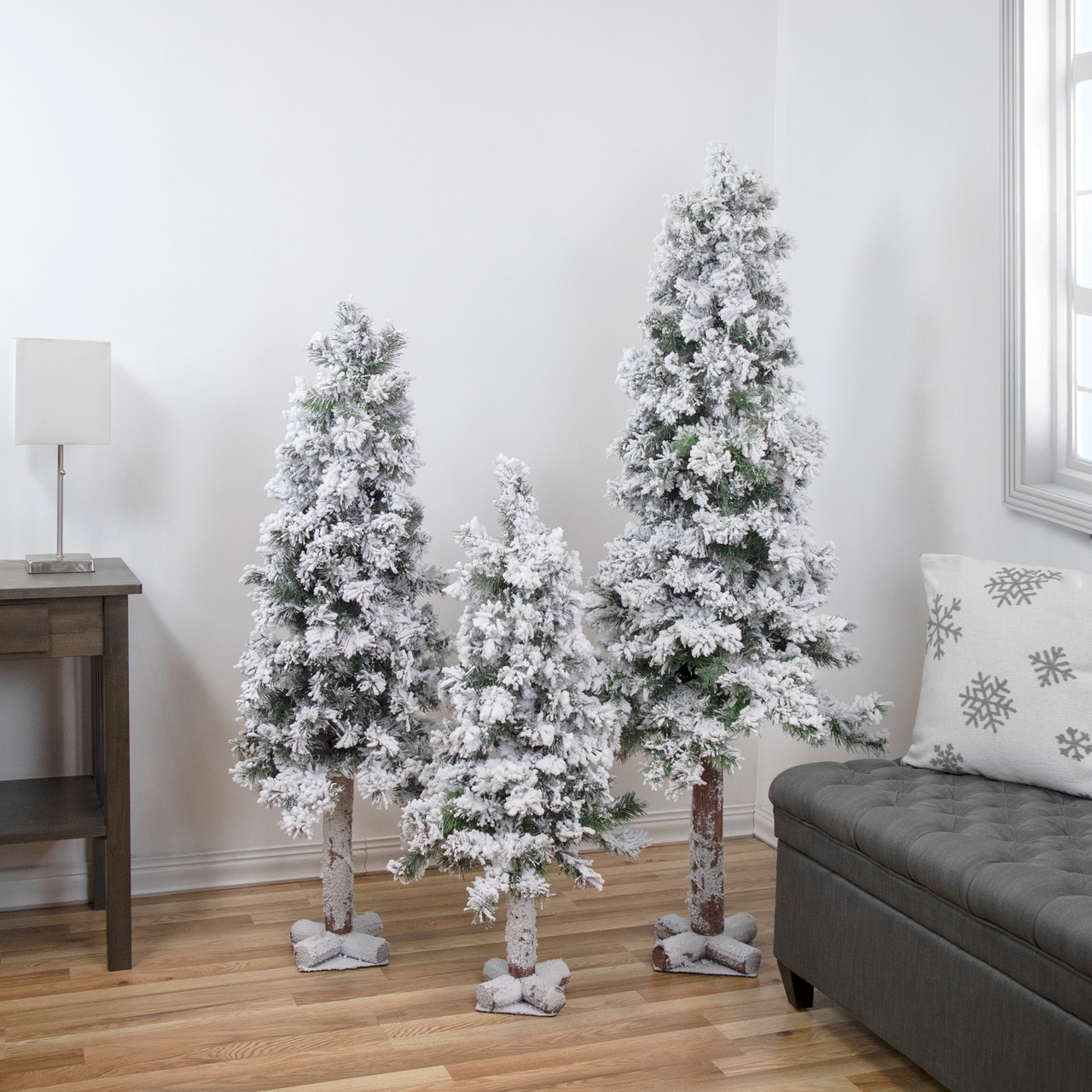Set of 3 Unlit Slim Flocked Alpine Artificial Christmas Trees 5