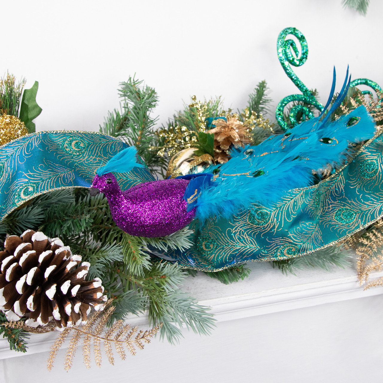 Pair of Teal and Purple Peacock Glitter Ornaments