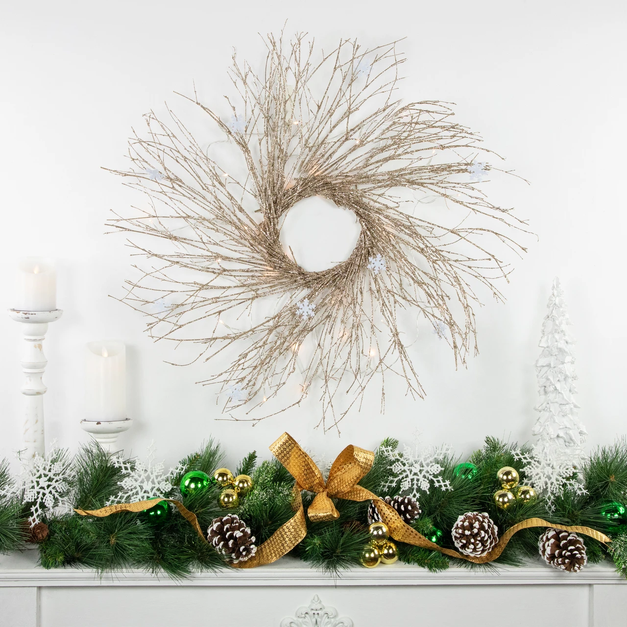 Iridescent Gold Twig Holiday Wreath with Warm Micro LEDs 28 Inch