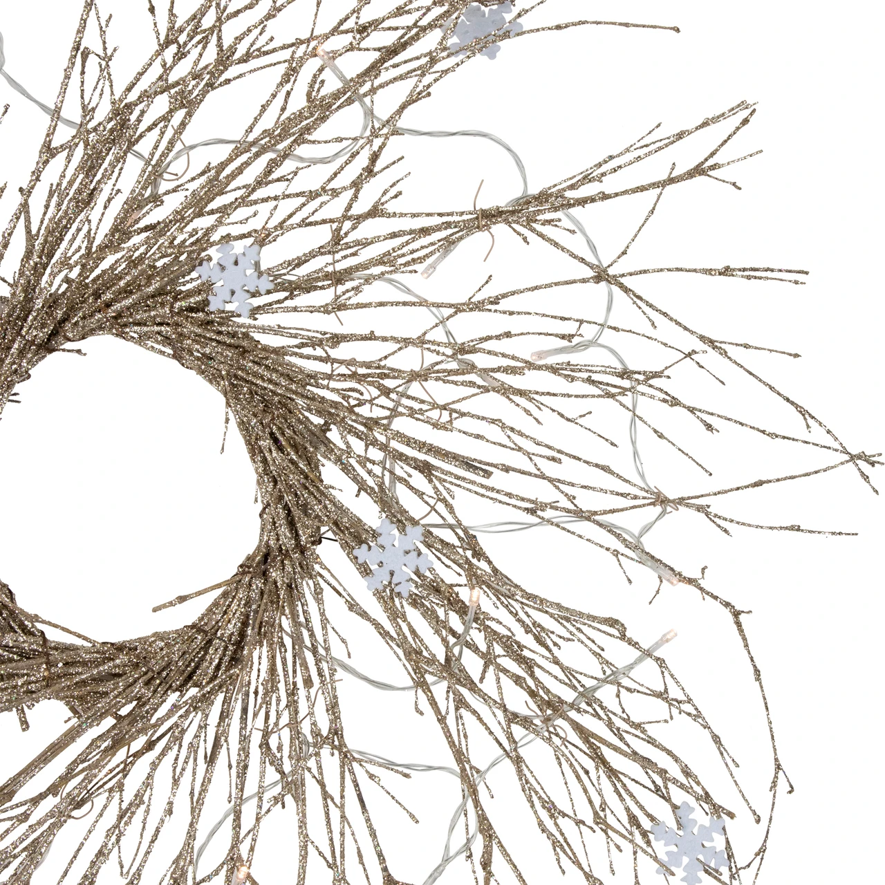 Iridescent Gold Twig Holiday Wreath with Warm Micro LEDs 28 Inch