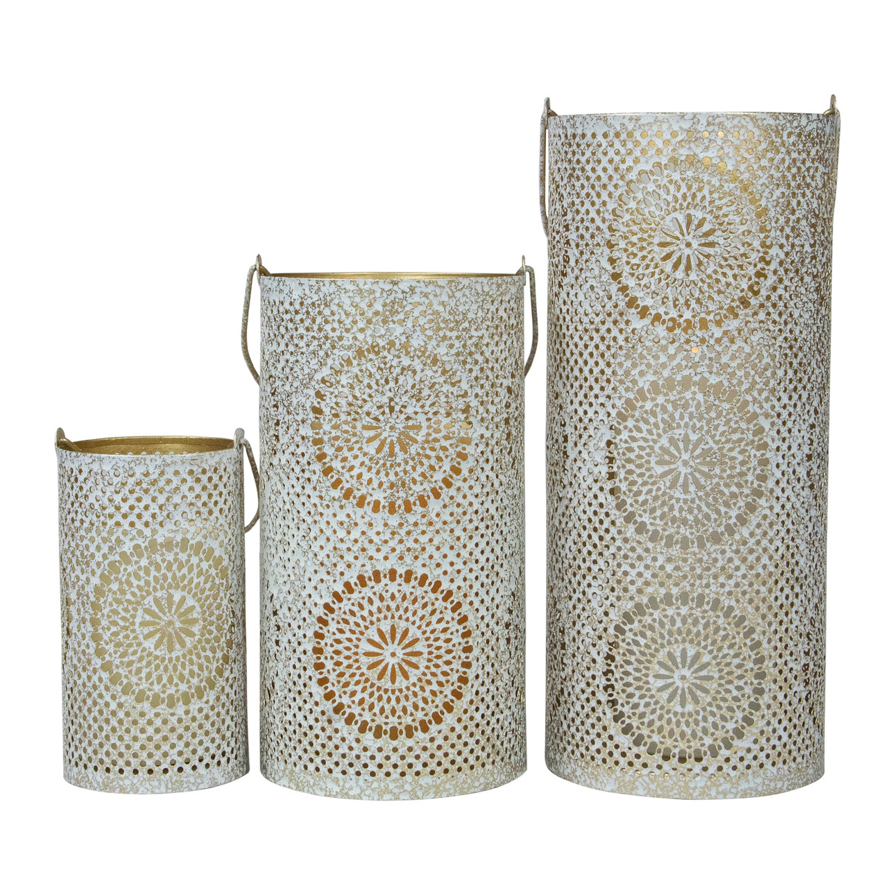 Set of 3 White & Gold Moroccan Style Pillar Candle Lanterns 10 ...