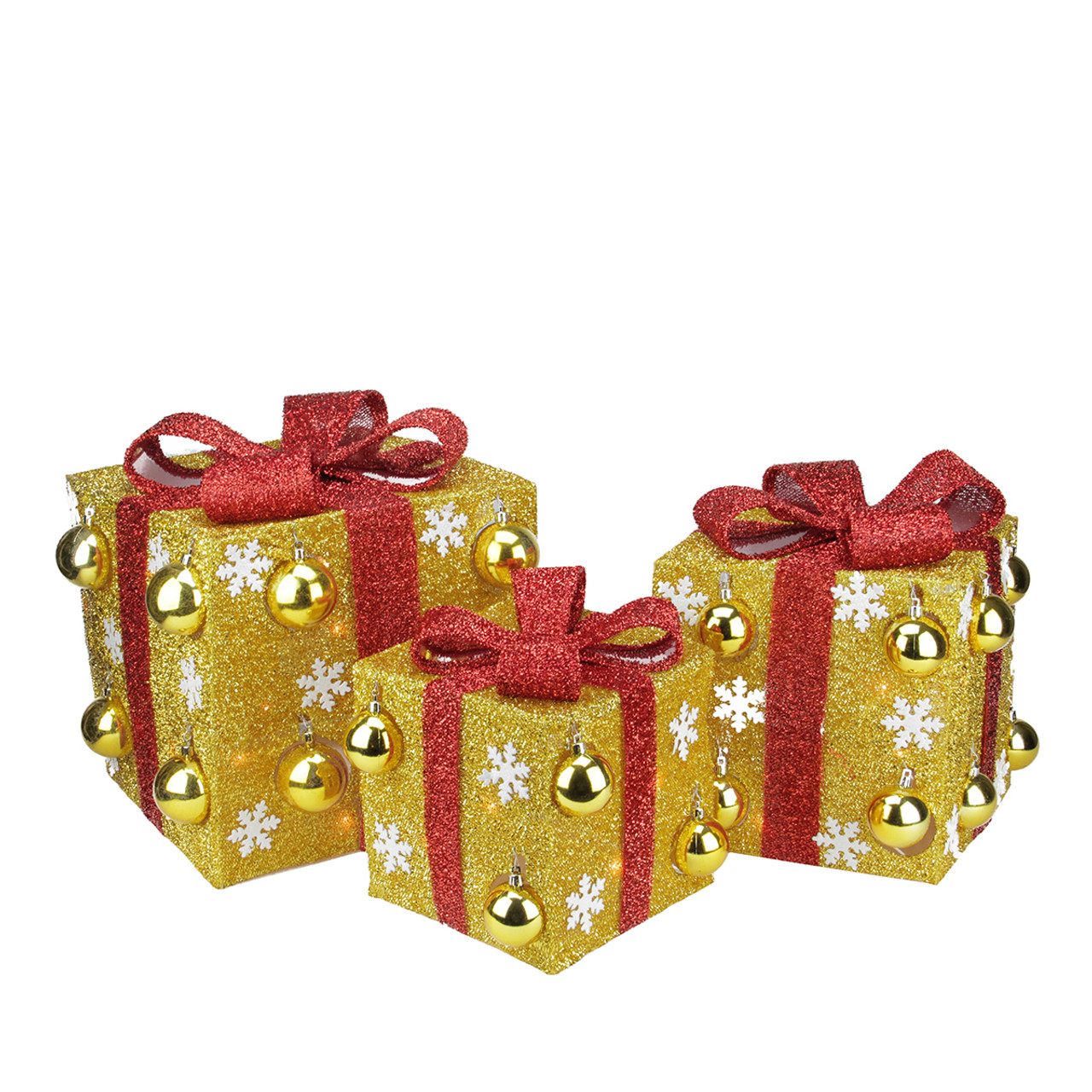 Northlight 3-Pc. 18 Lighted Tall Gold Sisal Gift Boxes with Bows Christmas  Outdoor Decor - Red