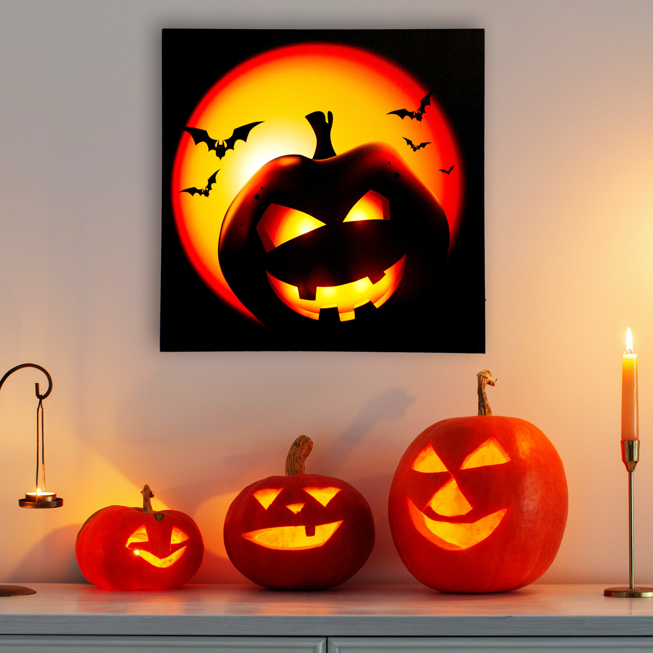 LED Lighted Bats & JackOLantern Halloween Canvas Wall Art 19.75" x 19