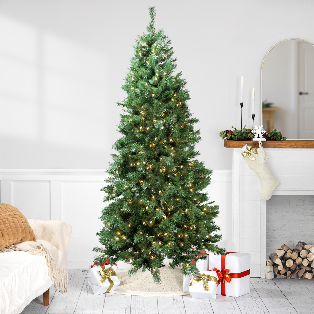 slim christmas trees with lights