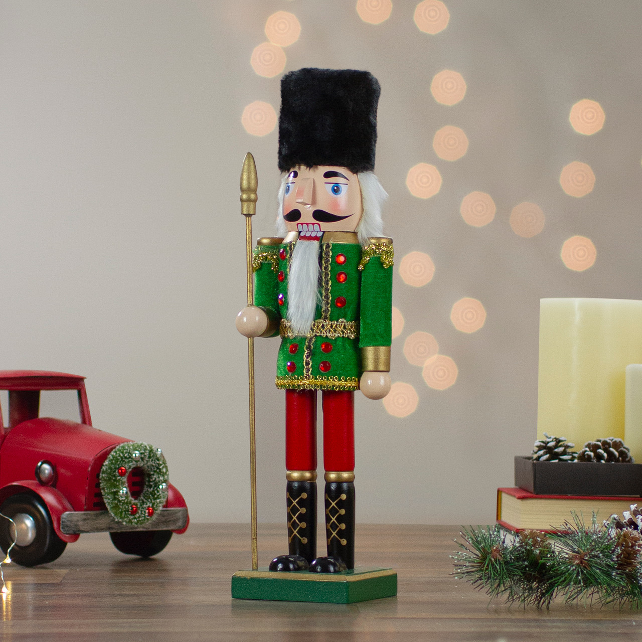 14" Wooden Green, Red & Gold Christmas Nutcracker Soldier with Spear