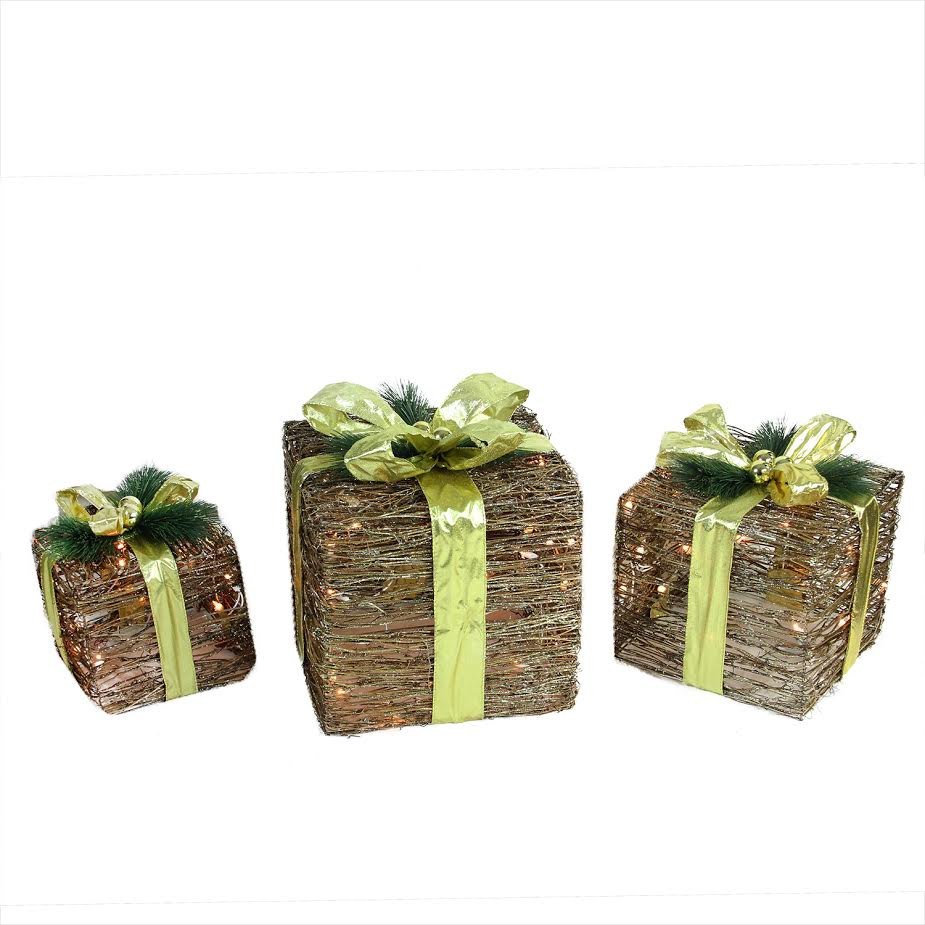 Set of 3 Lighted Natural Rattan & Glitter Gift Boxes Christmas