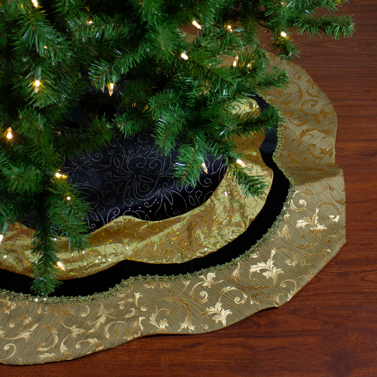 48" Black & Gold Velveteen Floral Scallop Christmas Tree Skirt ...