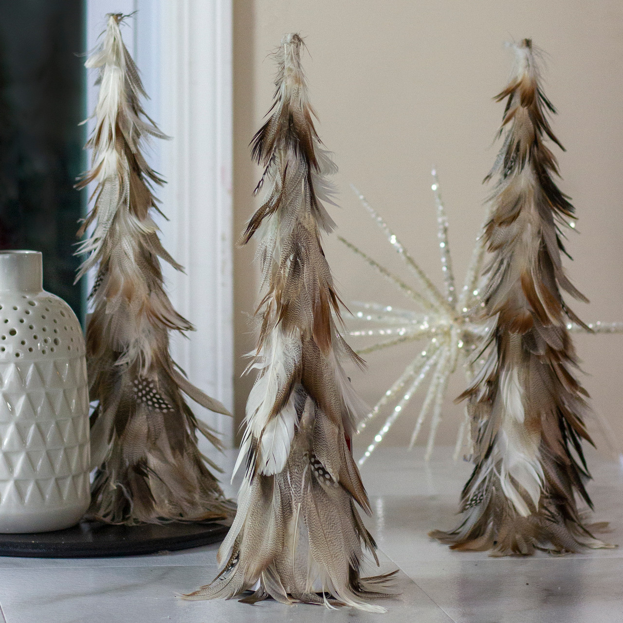 12-Inch Plum Feather Cone Table Top Christmas Tree with Glitter