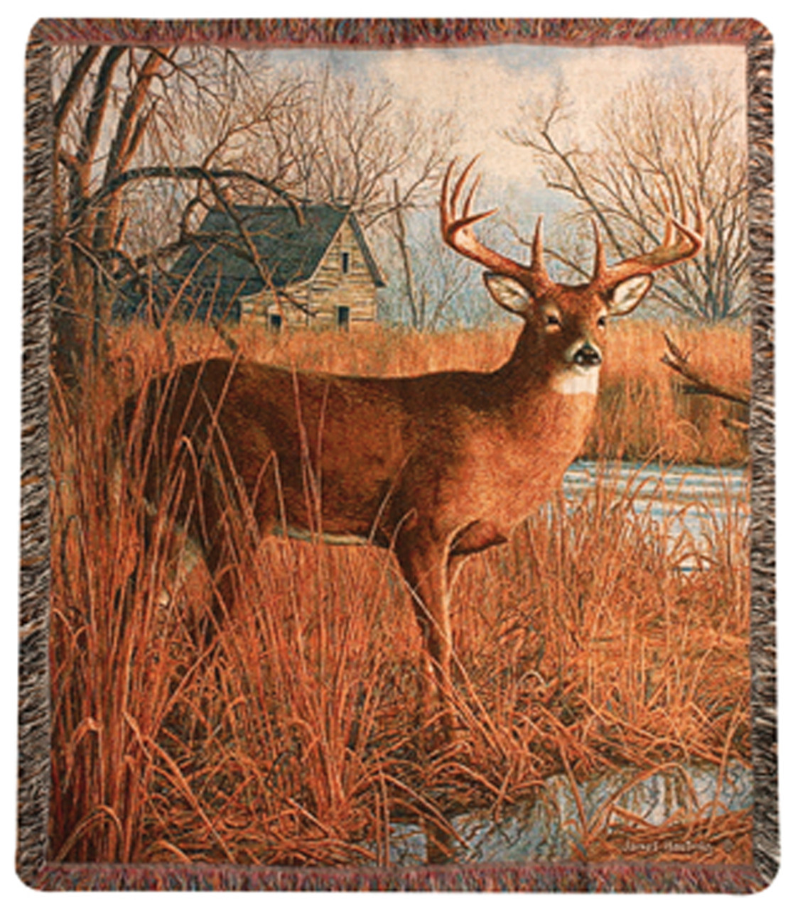 His Side of The River Majestic Winter Deer Tapestry Throw Blanket 50