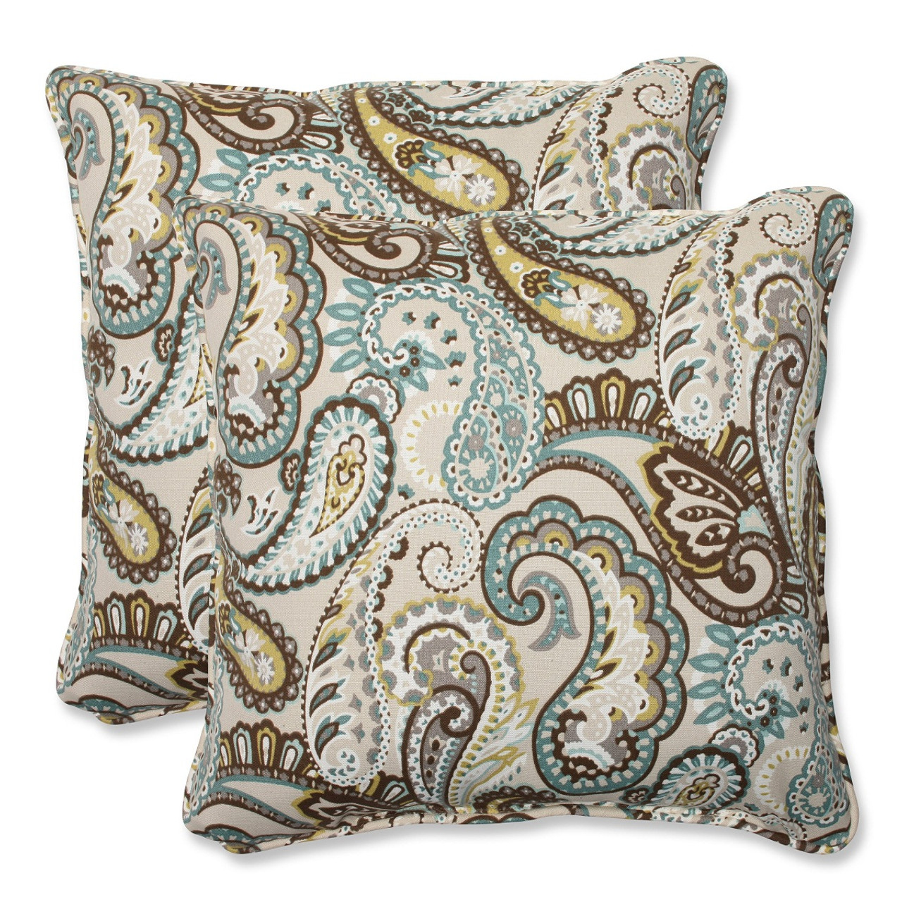 Set of 2 Paisley Cream Brown Outdoor Corded Square Throw Pillows