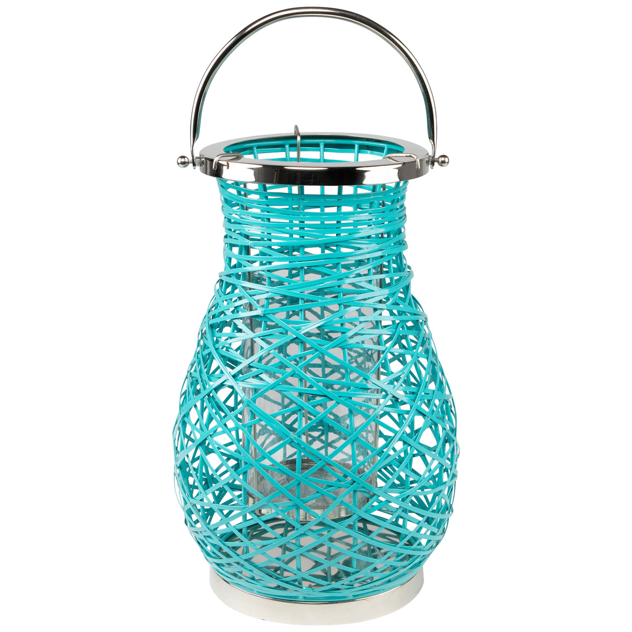 Woven Iron Pillar Candle Lantern with Glass Hurricane - 16.25